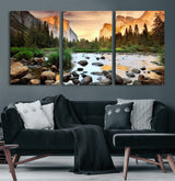 90956031-MGV-CV-60X30-3P-Yosemite Valley Wall Art – Scenic Mountain River Landscape Canvas Print, Nature Photography for Living Room, Bedroom, Cabin,