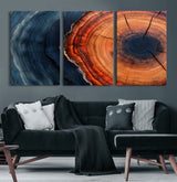 57732250-MGV-CV-36X24-Tree Ring Abstract Wall Art – Blue Orange Wood Grain Canvas Print, Modern Rustic Nature Artwork for Living Room, Office,