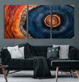 72209152-MGV-CV-60X30-3P-Abstract Tree Ring Wall Art – Vibrant Blue Orange Wood Grain Canvas Print, Rustic Modern Nature Artwork for Living Room, Office,