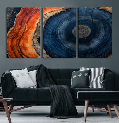 99491700-MGV-CV-60X30-3P-Tree Ring Canvas Wall Art – Blue Orange Abstract Wood Grain Print, Rustic Modern Nature Artwork for Living Room, Office, Bedroom