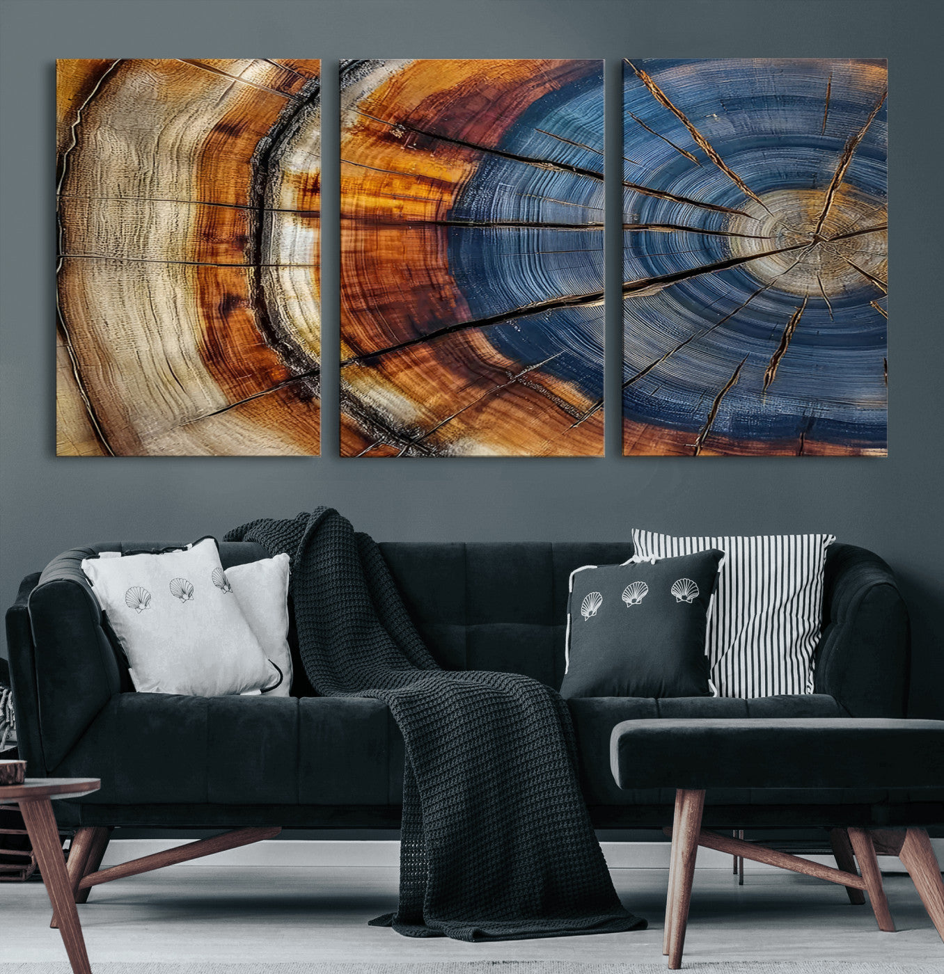 18032999-MGV-CV-60X30-3P-Tree Ring Wall Art – Blue Brown Abstract Wood Slice Canvas Print, Rustic Modern Nature Decor for Living Room, Office, Bedroom or