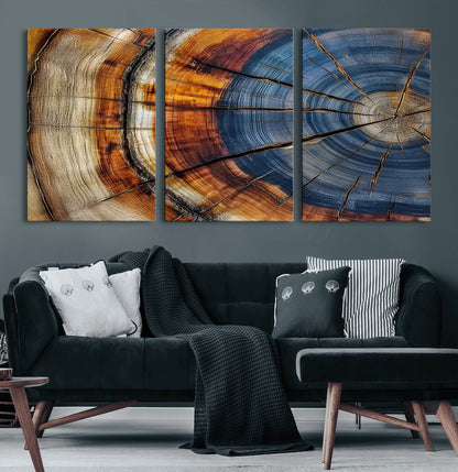18032999-MGV-CV-60X30-3P-Tree Ring Wall Art – Blue Brown Abstract Wood Slice Canvas Print, Rustic Modern Nature Decor for Living Room, Office, Bedroom or