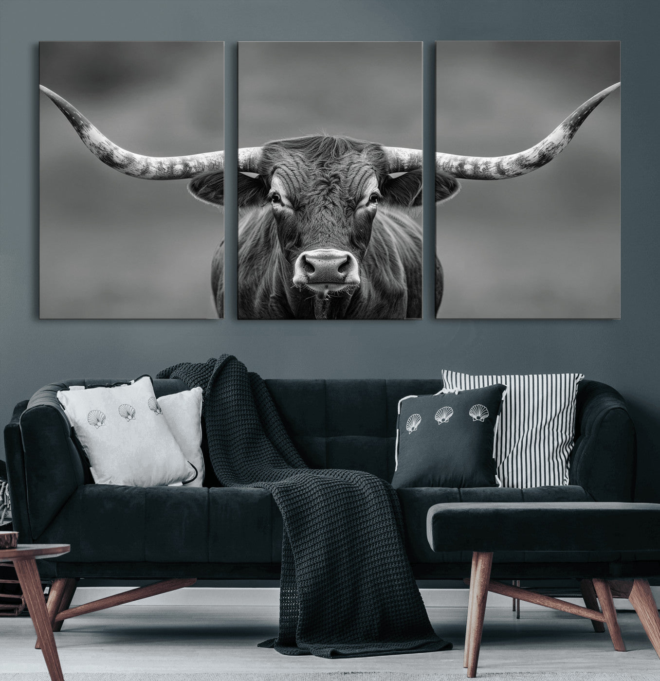 81228550-MGV-CV-60X30-3P-Framed Texas Longhorn Bull Art Canvas Print, Western Bull Wall Art Print, Long Horn Bull Photo Print for Log Cabin, Large Bull