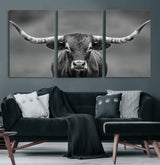 81228550-MGV-CV-60X30-3P-Framed Texas Longhorn Bull Art Canvas Print, Western Bull Wall Art Print, Long Horn Bull Photo Print for Log Cabin, Large Bull