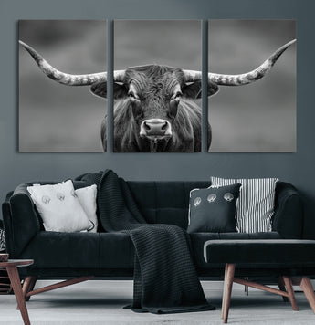 81228550-MGV-CV-60X30-3P-Framed Texas Longhorn Bull Art Canvas Print, Western Bull Wall Art Print, Long Horn Bull Photo Print for Log Cabin, Large Bull