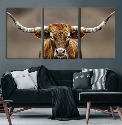 12179171-MGV-CV-36X24-Texas Longhorn Wall Art Canvas Print, Framed Brown Bull Art Picture Print, Lone Cattle Perfect Rustic Western Decor Artwork