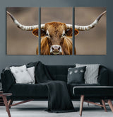 12179171-MGV-CV-36X24-Texas Longhorn Wall Art Canvas Print, Framed Brown Bull Art Picture Print, Lone Cattle Perfect Rustic Western Decor Artwork