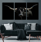 37531960-MGV-CV-60X30-3P-Black Longhorn Bull Wall Art – Dramatic Western Cattle Canvas Print, Rustic Farmhouse Animal Artwork for Living Room, Bedroom,