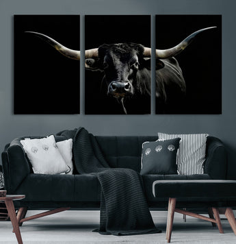 37531960-MGV-CV-60X30-3P-Black Longhorn Bull Wall Art – Dramatic Western Cattle Canvas Print, Rustic Farmhouse Animal Artwork for Living Room, Bedroom,