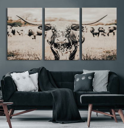 27497342-MGV-CV-36X24-Texas Longhorn Wall Art Canvas Print, Framed Speckled Cow Art Picture Print, Horned Cattle Perfect Rustic Western Decor Artwork