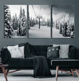 31156828-MGV-CV-36X24-Snowy Pines Wall Art Canvas Print, Framed Ski Lift Art Picture Print, Winter Forest Perfect Moody Lodge Decor Artwork