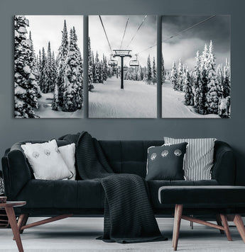 31156828-MGV-CV-36X24-Snowy Pines Wall Art Canvas Print, Framed Ski Lift Art Picture Print, Winter Forest Perfect Moody Lodge Decor Artwork