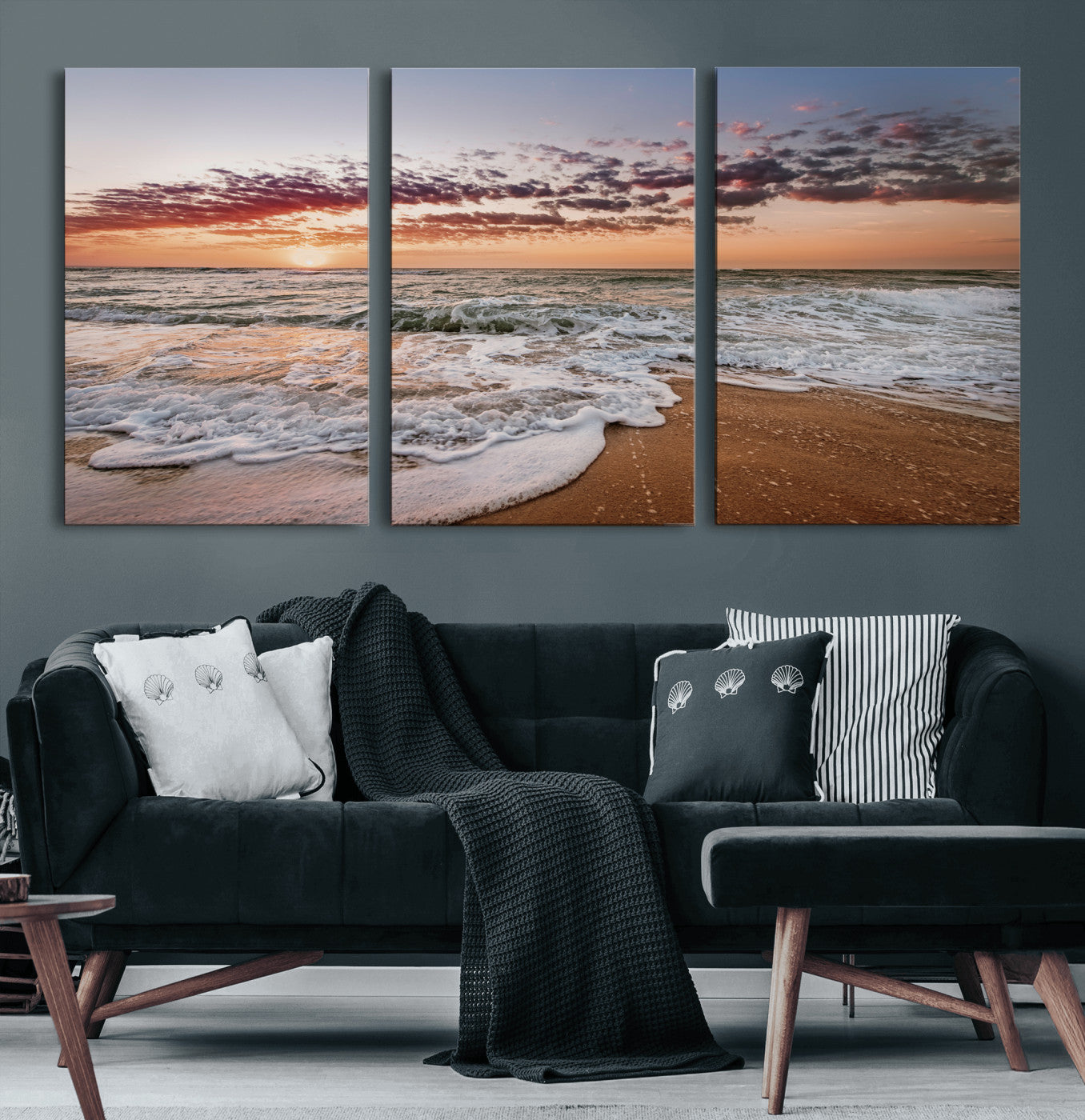 39846389-MGV-CV-36X24-Ocean Sunset Wall Art Canvas Print, Framed Sandy Shore Art Picture Print, Gentle Waves Perfect Minimalist Coastal Decor Artwork