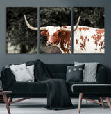 54027638-MGV-CV-60X30-3P-Texas Longhorn Wall Art Canvas Print, Framed Spotted Cow Art Picture Print, Horned Bull Perfect Rustic Western Decor Artwork
