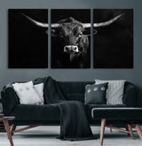 42077175-MGV-CV-36X24-Texas Longhorn Wall Art Canvas Print, Framed Monochrome Bull Art Picture Print, Horned Bull Perfect Rustic Western Decor Artwork
