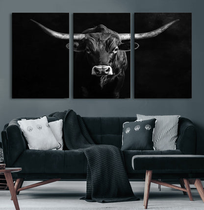 42077175-MGV-CV-36X24-Texas Longhorn Wall Art Canvas Print, Framed Monochrome Bull Art Picture Print, Horned Bull Perfect Rustic Western Decor Artwork