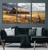38758826-MGV-CV-60X30-3P-Rustic Barn Wall Art Canvas Print, Framed Moody Barn Art Picture Print, Golden Field Perfect Rustic Farmhouse Decor Artwork