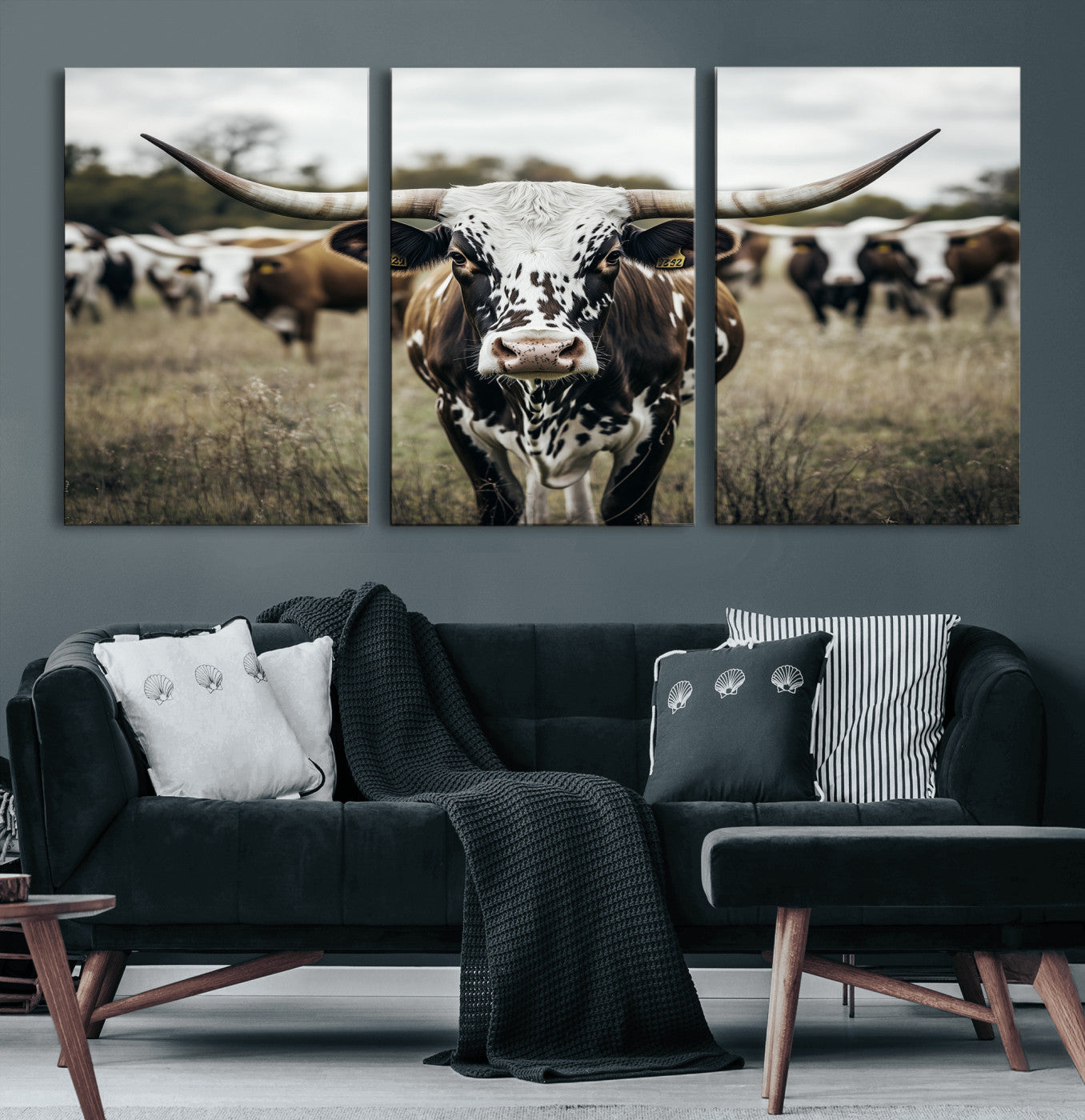 79025945-MGV-CV-60X30-3P-Texas Longhorn Wall Art Canvas Print, Framed Speckled Cow Art Picture Print, Horned Cattle Perfect Rustic Western Decor Artwork