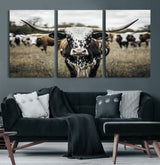 79025945-MGV-CV-60X30-3P-Texas Longhorn Wall Art Canvas Print, Framed Speckled Cow Art Picture Print, Horned Cattle Perfect Rustic Western Decor Artwork