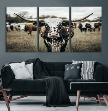 79025945-MGV-CV-60X30-3P-Texas Longhorn Wall Art Canvas Print, Framed Speckled Cow Art Picture Print, Horned Cattle Perfect Rustic Western Decor Artwork
