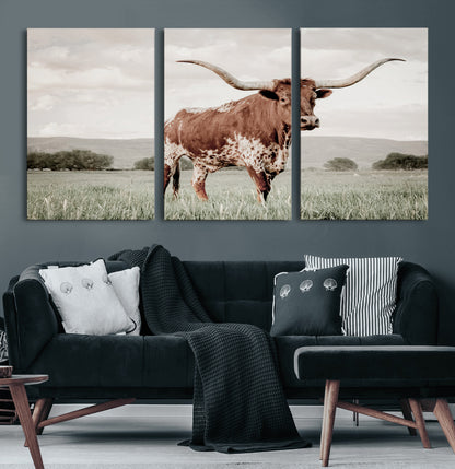 28309012-MGV-CV-60X30-3P-Texas Longhorn Wall Art Canvas Print, Framed Spotted Cattle Art Picture Print, Horned Bull Perfect Rustic Western Decor Artwork