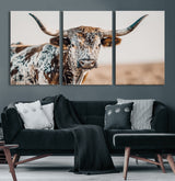 70414966-MGV-CV-60X30-3P-Texas Longhorn Wall Art Canvas Print, Framed Speckled Cow Art Picture Print, Horned Bull Perfect Rustic Western Decor Artwork