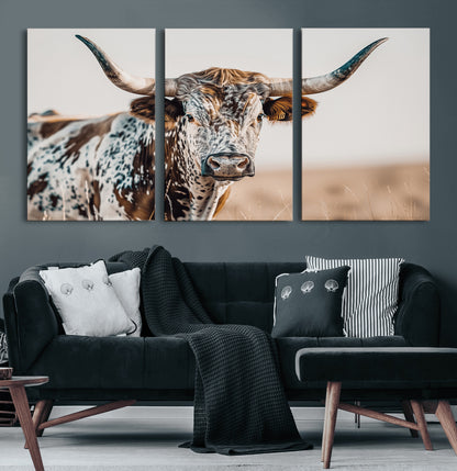 70414966-MGV-CV-60X30-3P-Texas Longhorn Wall Art Canvas Print, Framed Speckled Cow Art Picture Print, Horned Bull Perfect Rustic Western Decor Artwork