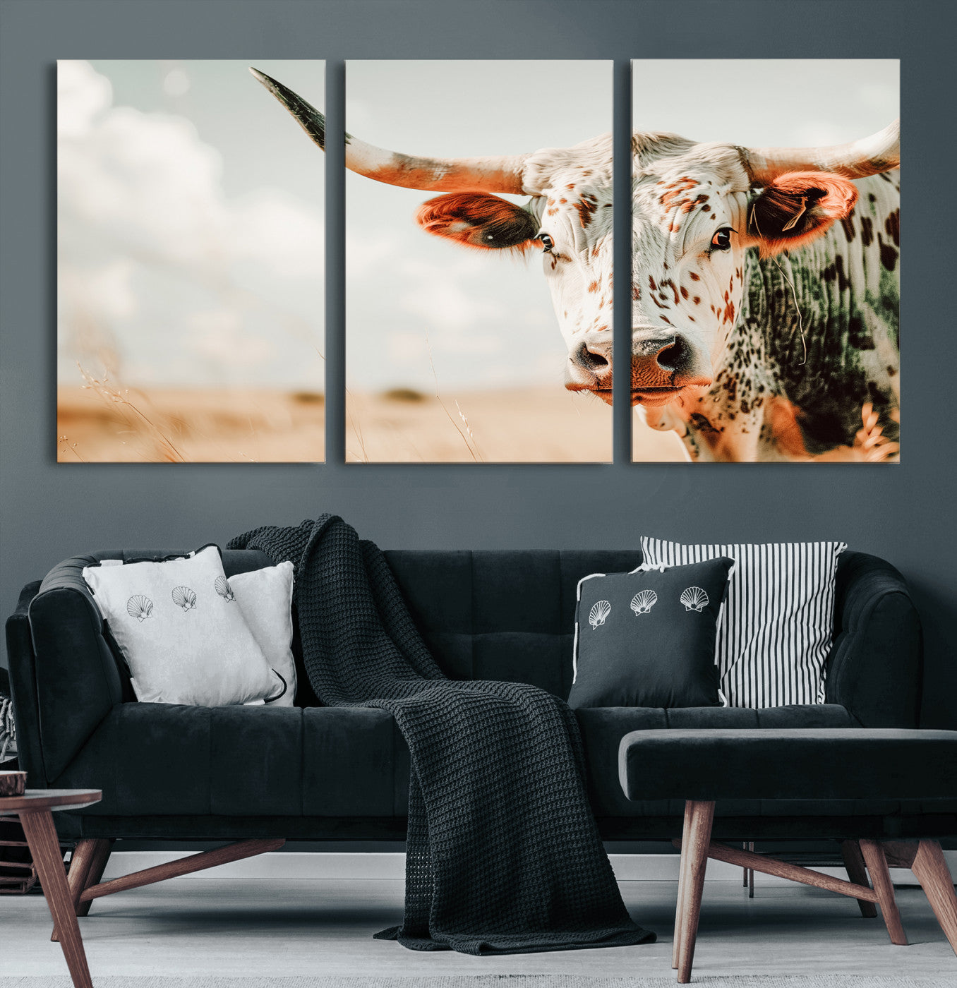 72766375-MGV-CV-60X30-3P-Texas Longhorn Wall Art Canvas Print, Framed Spotted Cow Art Picture Print, Horned Cattle Perfect Rustic Western Decor Artwork