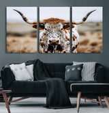 76294381-MGV-CV-36X24-Texas Longhorn Wall Art Canvas Print, Framed Spotted Cow Art Picture Print, Horned Cattle Perfect Rustic Western Decor Artwork