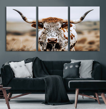76294381-MGV-CV-36X24-Texas Longhorn Wall Art Canvas Print, Framed Spotted Cow Art Picture Print, Horned Cattle Perfect Rustic Western Decor Artwork