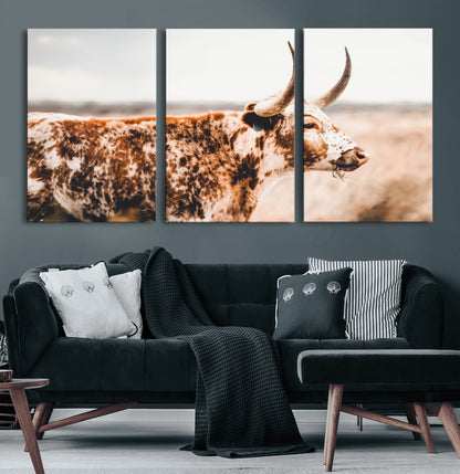 11528295-MGV-CV-60X30-3P-Speckled Longhorn Wall Art Canvas Print, Framed Texas Cattle Art Picture Print, Horned Cow Perfect Rustic Western Decor Artwork