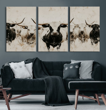 12027562-MGV-CV-36X24-Longhorn Cattle Wall Art Canvas Print, Framed Bison Herd Art Picture Print, Cattle Group Perfect Rustic Farmhouse Decor Artwork