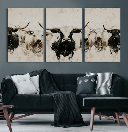 12027562-MGV-CV-36X24-Longhorn Cattle Wall Art Canvas Print, Framed Bison Herd Art Picture Print, Cattle Group Perfect Rustic Farmhouse Decor Artwork