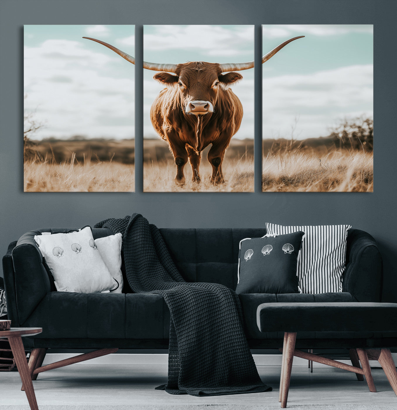 39350715-MGV-CV-60X30-3P-Texas Longhorn Wall Art Canvas Print, Framed Longhorn Cow Art Picture Print, Western Cattle Perfect Rustic Western Decor Artwork