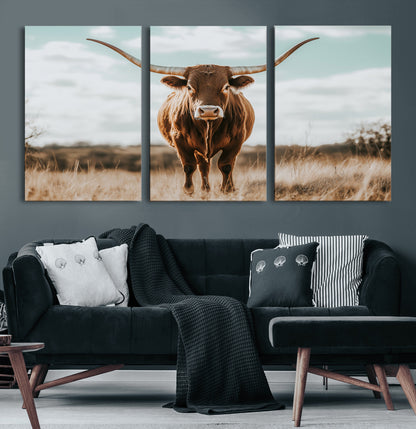 39350715-MGV-CV-60X30-3P-Texas Longhorn Wall Art Canvas Print, Framed Longhorn Cow Art Picture Print, Western Cattle Perfect Rustic Western Decor Artwork