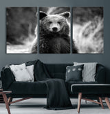 MGV-CV-60X30-3P - Grizzly Bear Wall Art Canvas Print, Framed Black White Bear Art Picture Print, Wild Bear Perfect Rustic Wildlife Decor Artwork