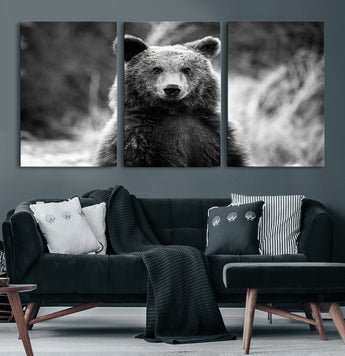 MGV-CV-60X30-3P - Grizzly Bear Wall Art Canvas Print, Framed Black White Bear Art Picture Print, Wild Bear Perfect Rustic Wildlife Decor Artwork