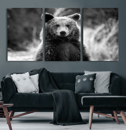 MGV-CV-60X30-3P - Grizzly Bear Wall Art Canvas Print, Framed Black White Bear Art Picture Print, Wild Bear Perfect Rustic Wildlife Decor Artwork