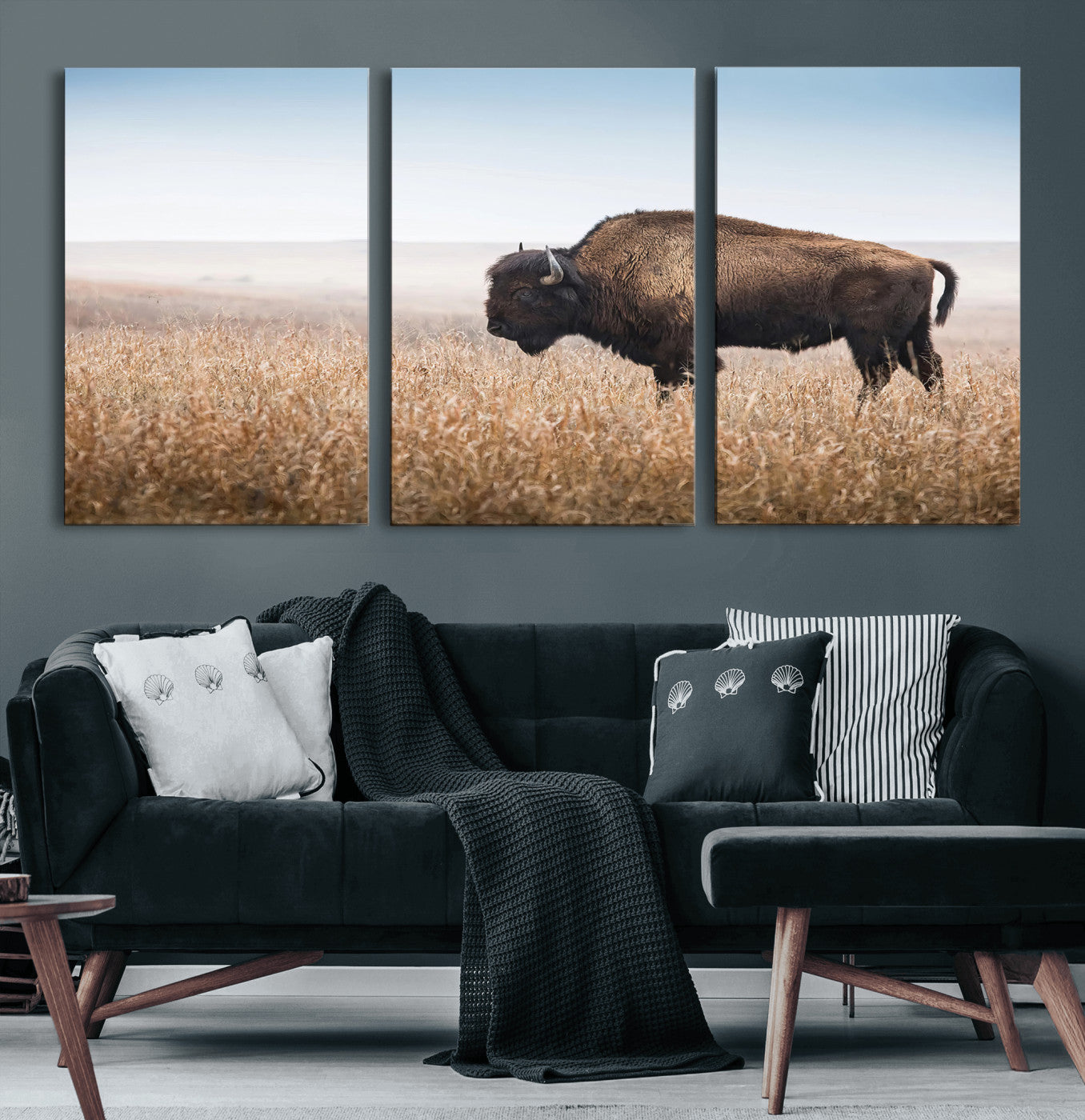91267849-MGV-CV-36X24-Wild Bison Wall Art Canvas Print, Framed Bison in Prairie Art Picture Print, Rustic Western Perfect Rustic Western Decor Artwork