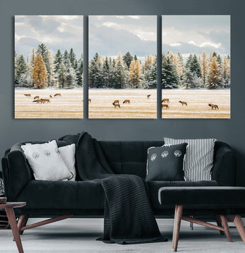 64188182-MGV-CV-60X30-3P-Elk Herd Wall Art Canvas Print, Framed Snowy Forest Art Picture Print, Forest Elks Perfect Neutral Rustic Decor Artwork