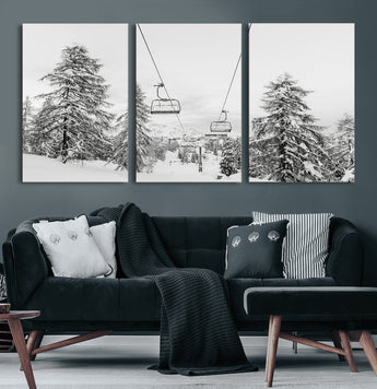 55003599-MGV-CV-60X30-3P-Snowy Ski Lift Wall Art Canvas Print, Framed Winter Forest Art Picture Print, Ski lift Ride Perfect Winter Lodge Decor Artwork
