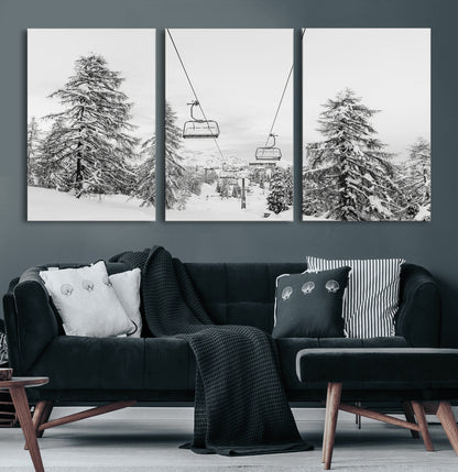 55003599-MGV-CV-60X30-3P-Snowy Ski Lift Wall Art Canvas Print, Framed Winter Forest Art Picture Print, Ski lift Ride Perfect Winter Lodge Decor Artwork