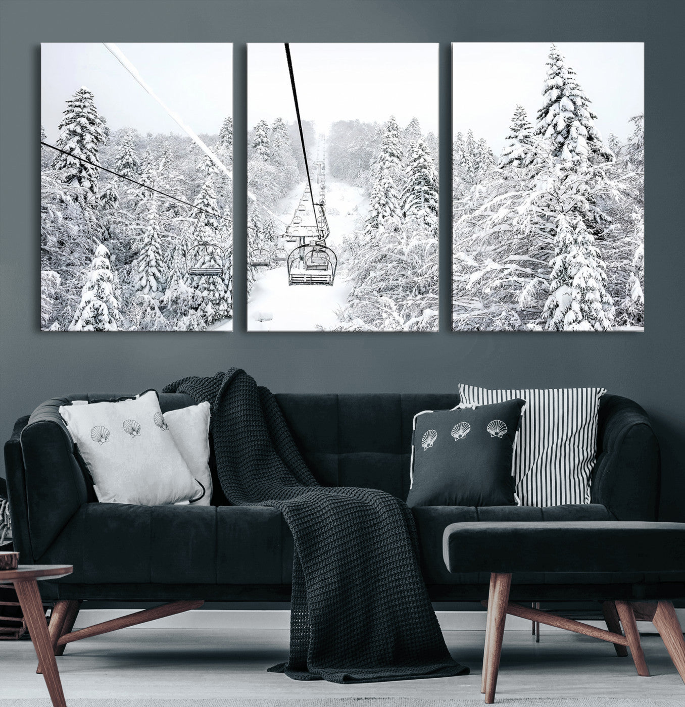 60296839-MGV-CV-60X30-3P-Snowy Mountains Wall Art Canvas Print, Framed Ski Lift Art Picture Print, Winter Forest Perfect Winter Minimalist Decor Artwork