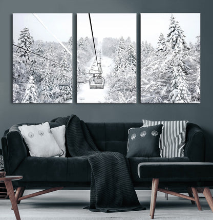 60296839-MGV-CV-60X30-3P-Snowy Mountains Wall Art Canvas Print, Framed Ski Lift Art Picture Print, Winter Forest Perfect Winter Minimalist Decor Artwork