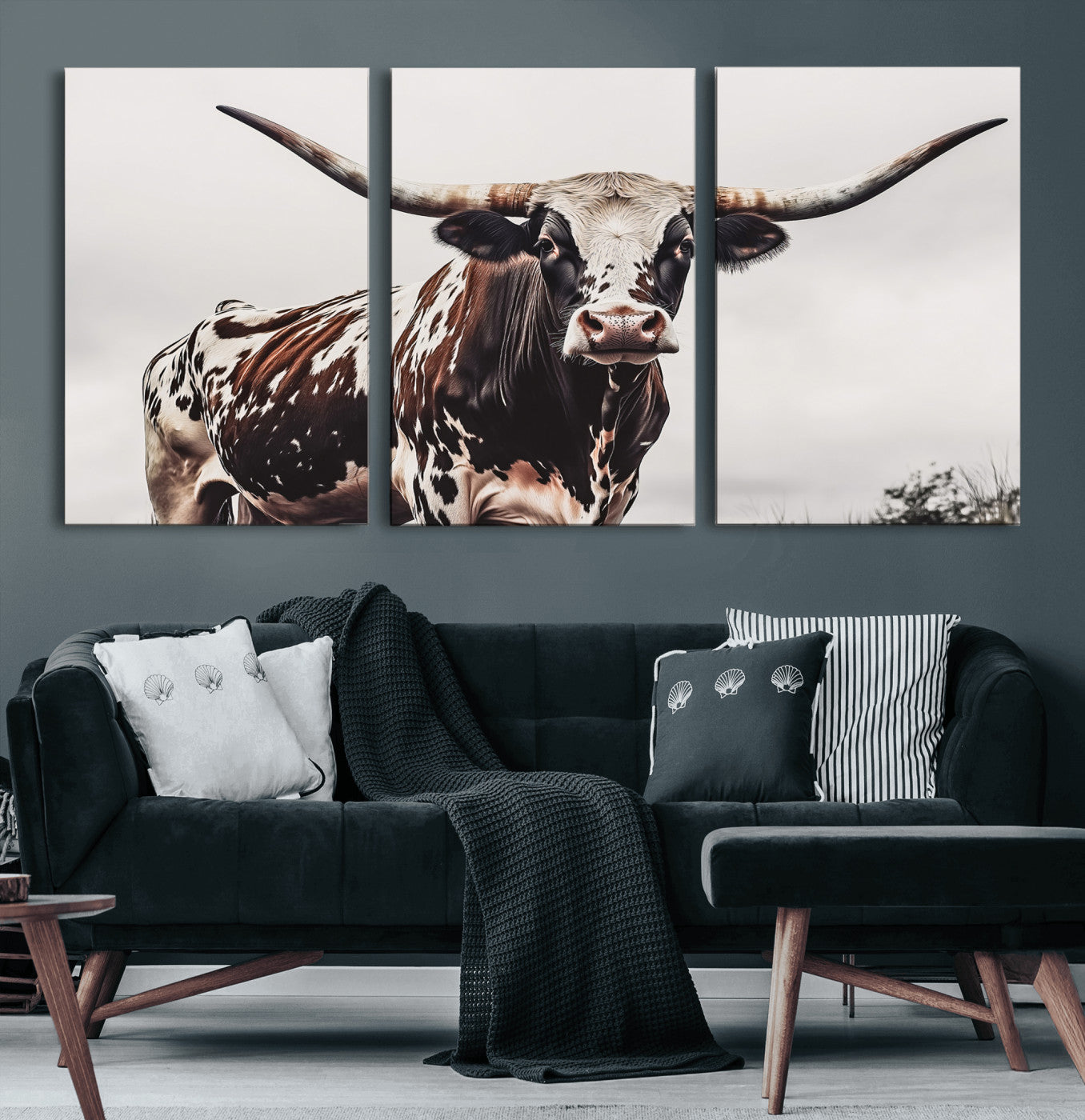95249234-MGV-CV-60X30-3P-Texas Longhorn Wall Art Canvas Print, Framed Spotted Bull Art Picture Print, Horned Cattle Perfect Rustic Farmhouse Decor Artwork