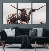 95249234-MGV-CV-60X30-3P-Texas Longhorn Wall Art Canvas Print, Framed Spotted Bull Art Picture Print, Horned Cattle Perfect Rustic Farmhouse Decor Artwork