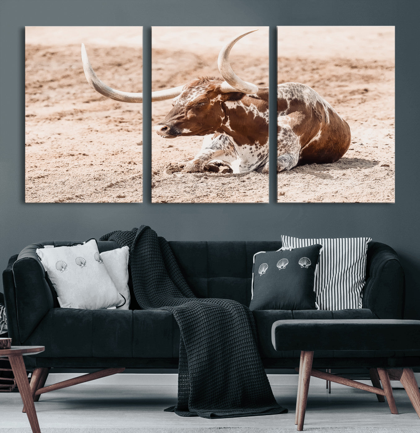 91248682-MGV-CV-60X30-3P-Texas Longhorn Wall Art Canvas Print, Framed Resting Bull Art Picture Print, Spotted Cattle Perfect Rustic Western Decor Artwork