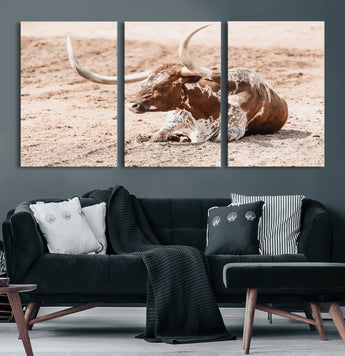 91248682-MGV-CV-60X30-3P-Texas Longhorn Wall Art Canvas Print, Framed Resting Bull Art Picture Print, Spotted Cattle Perfect Rustic Western Decor Artwork