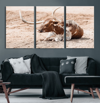91248682-MGV-CV-60X30-3P-Texas Longhorn Wall Art Canvas Print, Framed Resting Bull Art Picture Print, Spotted Cattle Perfect Rustic Western Decor Artwork