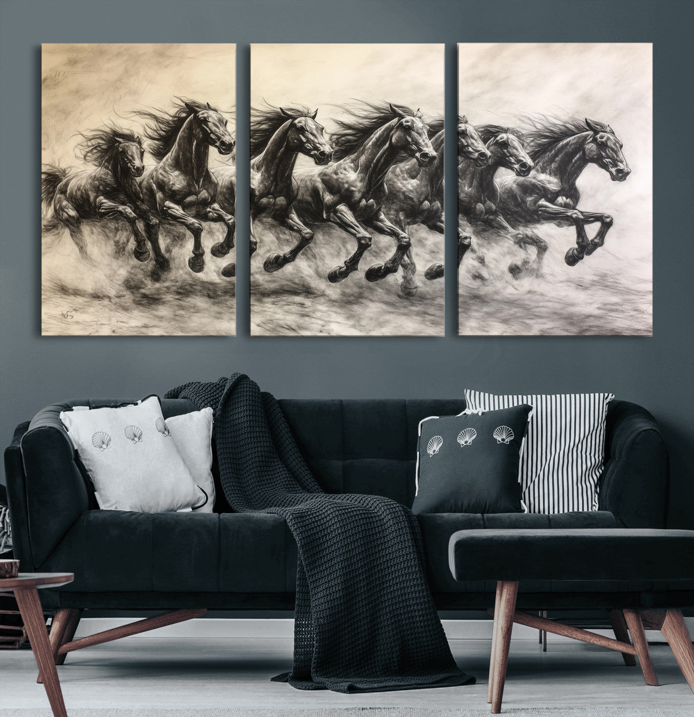56089591-MGV-CV-36X24-Galloping Horses Wall Art Canvas Print, Framed Wild Stallions Art Picture Print, Horse Herd Sketch Perfect Monochrome Dynamic